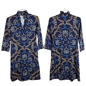 J Mclaughlin Blue Gold Equestrian Horse Bridle Rein Print Catalina Dress Small